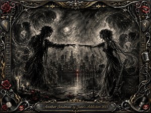 A charcoal dreamscape shows two gothic figures reaching toward each other across a moonlit city and shadowy stage, their almost-touching hands anchoring the composition. Ghostly faces swirl through smoke above them, while guitars, candles, roses, cables, and amplifiers deepen the haunted romance. Black, silver, crimson, and gold glow within an ornate rock-themed frame.