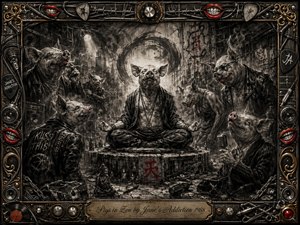 A surreal charcoal tableau shows pig-headed figures gathered in a ruined underground music shrine, centered on a calm meditating pig seated beneath a smoky halo. Deep blacks, grays, chrome, gold, and vivid red smiles create a rebellious mood, while speakers, cables, graffiti, microphones, chains, and ornate rock-themed framing intensify the satirical atmosphere.