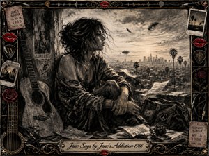 A solitary young woman sits beside a worn acoustic guitar, gazing across a hazy palm-lined Los Angeles skyline. Deep charcoal textures, smoky shadows, and soft horizon light create a wistful, intimate mood. An ornate black-and-gold frame surrounds the scene with red lips, roses, tickets, cables, Polaroids, and music-themed details.