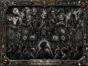 A sinister charcoal cityscape shows grotesque puppet-like rulers grinning above a subdued crowd from a throne of speakers, televisions, and stage machinery. Smoky blacks, silver grays, and restrained crimson accents heighten the rebellious mood. Ornate chrome-and-gold rock hardware, red lips, cables, and microphones frame the densely textured, satirical composition.