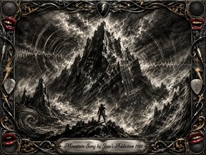 A lone figure stands beneath a towering charcoal mountain, surrounded by storm-driven mist, lightning, sound-wave patterns, and faint guitar-string forms. Deep blacks, smoky grays, and sharp white highlights create a fierce, turbulent mood. An ornate chrome-and-gold rock-inspired frame adds red lips, cables, guitar picks, and metallic details.
