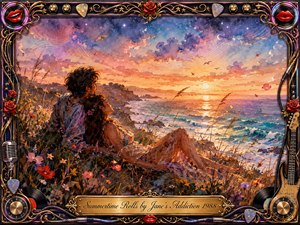 A dreamy watercolor portrays a young couple reclining among wildflowers on a seaside bluff, watching a glowing summer sunset over rolling turquoise waves. Warm gold, coral, lavender, and indigo create a romantic, tranquil mood. An ornate music-themed frame of chrome, gold, roses, guitar details, vinyl, and red lips surrounds the scene.