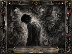 A solitary figure stands beneath a shower, bowed in quiet reflection as water, steam, and shadow dissolve into ghostly faces, spiraling memories, and rippling thoughts. Deep charcoal blacks, smoky grays, and silvery highlights create a haunting, introspective mood, framed by ornate chrome, gold, musical hardware, and vivid red lips.