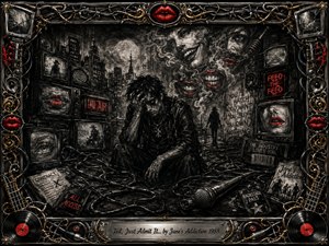 A haunted figure sits amid tangled cables, vintage televisions, speakers, and drifting smoke in a claustrophobic urban interior. Deep feathered charcoal textures dominate, punctuated by vivid crimson lips and neon warnings. Ornate chrome-and-gold framing, vinyl records, wires, and rock memorabilia reinforce the sinister, media-saturated atmosphere and psychological tension.
