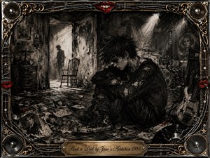 A brooding young figure sits curled on a battered floor in a decaying room that merges with a shadowy rehearsal space. Deep feathered charcoal, smoky blacks, muted grays, and sharp white light create a tense, haunted mood. Scattered photographs, an empty chair, instruments, red lips, and ornate metallic framing suggest fractured memory, absence, and rebellion.