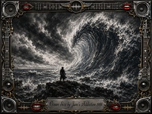 A lone figure stands on jagged rocks before a colossal curling ocean wave beneath a turbulent charcoal sky. Deep blacks, smoky grays, and foaming white highlights create a brooding, overwhelming atmosphere. An ornate chrome-and-gold rock-inspired frame, accented with guitar strings, speakers, red lips, and engraved title plate, completes the dramatic composition.