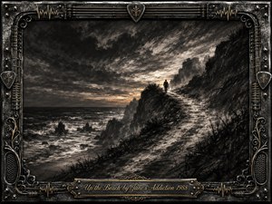 A solitary figure climbs a rugged coastal path above a restless sea beneath a storm-darkened sky. Deep feathered charcoal textures, silvery grays, and faint warm horizon light create a brooding, introspective mood. An ornate chrome-and-gold musical frame of strings, picks, rivets, and speaker details surrounds the dramatic composition.