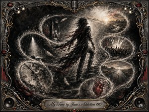 A solitary rock figure strides upward through a smoky charcoal dreamscape, surrounded by feathered bubbles forming a sweeping S-curve of clocks, stages, crowds, roads, and a glowing heart. Black, silver, and crimson tones create a rebellious, introspective mood, while dramatic light leads toward dawn within an ornate chrome-and-gold musical frame.