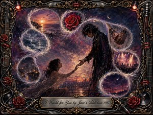 A romantic gothic-rock tableau shows two figures reaching toward each other beneath a glowing twilight sky, surrounded by feathered memory bubbles forming an S-curve. Deep indigo, crimson, violet, silver, and amber tones create a dreamy, yearning mood. Ornate chrome-and-gold musical framing, roses, red lips, guitar details, and an engraved title plate complete the painterly composition.
