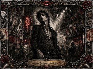 A brooding androgynous figure stands amid a smoky, decaying nightclub, surrounded by torn posters, ghostlike crowds, cables, and crimson neon. Feathered charcoal textures create gritty shadows and dramatic spotlight beams. An ornate chrome-and-gold frame incorporates red lips, roses, guitar picks, vinyl grooves, studs, wires, and an engraved title plate.