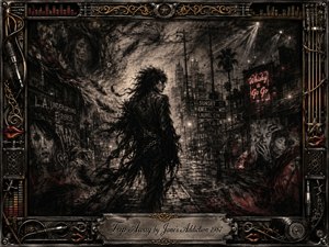 A solitary, windswept figure moves through a shadowy Los Angeles street, surrounded by smoky charcoal textures, drifting feathers, graffiti, neon signs, and ghostly faces. Muted crimson highlights pierce the black-and-gray scene, while hazy spotlights create a restless, dreamlike mood. An ornate metallic rock-inspired frame completes the dramatic composition.