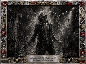 A lone rock figure stands beneath a dramatic burst of water in a shadowy, graffiti-covered backstage setting, surrounded by guitars, cables, stage fog, and dim spotlights. Deep feathered charcoal textures create a raw, cathartic mood, while the ornate chrome-and-gold frame features bright red lips, music hardware, vinyl accents, and an engraved title plate.