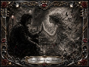A brooding rocker reaches toward a ghostly woman dissolving into charcoal smoke and feathers above a nocturnal cityscape. Their touching palms create a tender, haunted focal point. Deep blacks, silvery grays, and crimson accents glow under dramatic lighting, framed by ornate chrome, gold filigree, roses, red lips, speakers, and guitar motifs.