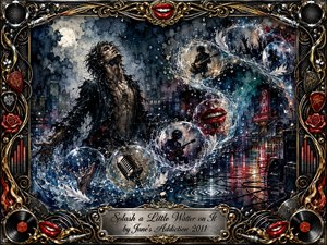 A rain-soaked rock singer stands beneath a moonlit city sky as translucent, feather-edged bubbles spiral in an S-curve around microphones, guitarists, red lips, and reaching hands. Indigo, teal, silver, crimson, and gold glow under dramatic stage lighting. Watercolor splashes and ink textures intensify the dreamlike, cathartic mood within an ornate music-themed frame.