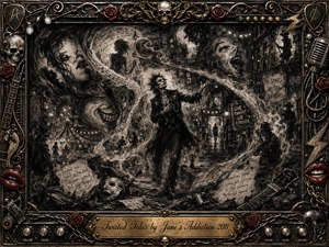 A gaunt gothic storyteller commands a smoky nocturnal alley where carnival lights, spectral faces, torn lyrics, and broken instruments spiral through an S-shaped charcoal vortex. Deep blacks, ash-gray textures, muted brass, and red roses create a sinister theatrical mood. Ornate chrome-and-gold rock memorabilia frame the scene beneath an engraved title plate.