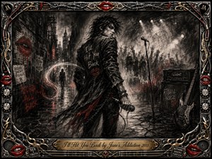 A defiant rocker turns over one shoulder in a rain-slicked alley merging with a smoky concert stage. Feathered charcoal textures, harsh white spotlights, ghostly raised hands, tangled cables, a microphone, guitar, and amplifier create tense motion. Crimson lips and streaks punctuate the monochrome scene, enclosed by an ornate chrome-and-gold musical frame and engraved title plate.