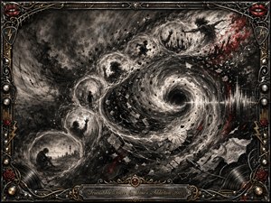 An ornate chrome-and-gold rock frame surrounds a charcoal storm of spiraling force, where feathered bubble vignettes trace an S-curve toward a luminous black vortex. Silhouetted figures reach, fall, and surge through smoke, debris, sheet music, and sound waves. Crimson lips, roses, lightning, vinyl, and microphone details sharpen the gothic intensity.