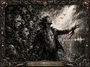 A tormented rock singer bursts from a storm of cracked masks and whispering faces, reaching toward a fierce shaft of white light. Deep feathered charcoal, smoky blacks, ash grays, vivid red accents, and gold-chrome details create a raw, defiant mood. An ornate music-themed frame and engraved title plate complete the theatrical composition.