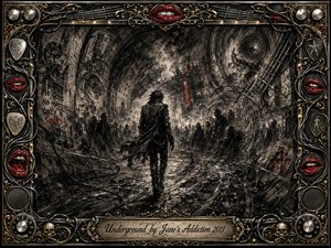 A lone, leather-clad figure enters a cavernous underground tunnel crowded with shadowy silhouettes, graffiti, cables, and swirling musical forms. Smoky charcoal textures, stark black-and-gray contrasts, pale backlighting, and restrained red accents create a rebellious, haunted mood. An ornate chrome-and-gold rock frame features red lips, amplifier knobs, strings, skulls, and an engraved title plate.