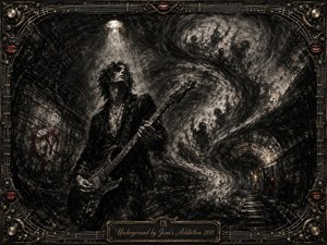 A brooding guitarist stands beneath a harsh tunnel spotlight, surrounded by swirling charcoal shadows that curve through a cavernous underground railway. Deep blacks, smoky grays, antique-gold metalwork, and flashes of red create a rebellious, haunted mood. An ornate music-inspired frame and engraved title plate complete the dramatic hand-drawn composition.