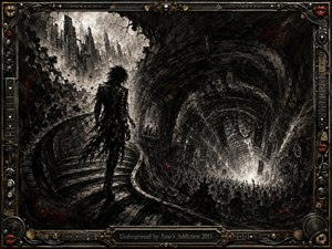 A solitary dark figure descends a sweeping underground path toward a radiant concert crowd beneath a ruined city. Deep feathered charcoal textures create a brooding, rebellious mood, punctuated by crimson sparks and stark white light. An ornate black, chrome, and gold musical frame surrounds the dramatic S-curved composition.