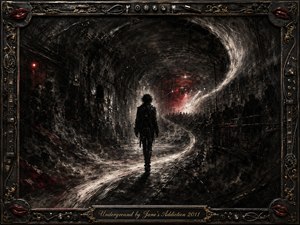 A lone, shadowy figure walks through a cavernous underground tunnel toward a glowing crowd and distant crimson light. Sweeping white charcoal strokes create an S-shaped surge of motion amid deep blacks, smoky grays, and red accents. An ornate metallic frame features guitar details, gold filigree, knobs, cables, and bright red lips.