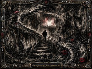 A lone figure descends a crumbling staircase into a cavernous underground concert, framed by swirling charcoal feathers, cables, guitars, and speaker forms. Sooty blacks and weathered grays dominate, pierced by red stage light and lipstick marks. Ornate chrome-and-gold musical hardware borders the dramatic, textured, rebellious scene, anchored by an engraved title plate.
