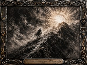 A lone shadowed figure climbs a jagged charcoal ridge toward a blazing sun, surrounded by swirling smoke, wind, and textured darkness. Deep blacks, silvery grays, and warm golden light create a dramatic, mystical mood. An ornate wrought-metal frame with guitar strings, picks, stars, and gold details completes the composition.