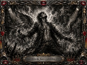 A defiant rock singer stands center stage amid storm clouds, lightning, smoky wings, and a shadowy concert crowd. Deep feathered charcoal creates a gritty, dramatic monochrome atmosphere, accented by chrome, gold, and vivid red lips. An ornate music-themed frame surrounds the scene, with guitars, speakers, cables, and an engraved title plate.