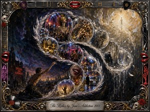 A surreal acrylic dreamscape follows a feathered S-curve of glowing bubbles, tracing desire from a dark city toward wealth, nightlife, isolation, and radiant release. Deep blues, smoky blacks, crimson, chrome, and gold create a seductive, restless mood. An ornate rock-themed frame surrounds the scene with lips, skulls, roses, records, strings, and engraved metal.