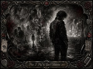 A solitary rocker stands at the edge of a smoky urban stage, surrounded by ghostly figures, torn posters, tangled cables, and distant lights. Deep charcoal blacks, silvery grays, and restrained crimson accents create a brooding, reflective mood. Ornate metallic framing, roses, red lips, guitar details, and tickets reinforce the gritty rock aesthetic.
