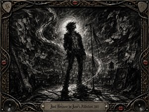 A lone rock figure stands on a shadowy rooftop stage beneath a glowing backlight, surrounded by swirling charcoal textures, torn fragments, cables, speakers, and a microphone stand. Deep blacks, smoky grays, metallic gold, and red lips create a rebellious, brooding mood, framed by ornate rock-and-roll detailing.