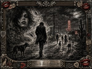 A lone wanderer and stray dogs move along a cracked moonlit road toward distant neon motel lights, surrounded by ghostly faces, drifting feathers, telephone poles, and desert silhouettes. Deep charcoal blacks and silvery grays create a brooding, cinematic mood, framed by ornate chrome, guitar strings, red lips, picks, and engraved rock memorabilia.