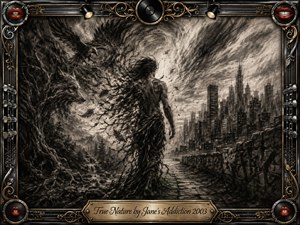 A lone figure dissolves into feathers, roots, and swirling charcoal between a shadowy wilderness and distant city skyline, suggesting a struggle between primal instinct and civilization. Deep blacks, smoky grays, and soft highlights create a brooding, mystical atmosphere, framed by ornate chrome, gold filigree, guitar strings, speakers, red lips, and an engraved title plate.