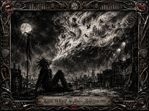 A lone rocker sits on a moonlit rooftop stage, exhaling a luminous whistle of smoke, feathers, birds, and ghostly figures into the turbulent night. Deep charcoal textures, smoky grays, sharp white highlights, and restrained red accents create a rebellious, dreamlike mood, framed by ornate chrome, gold, cables, speakers, and music hardware.