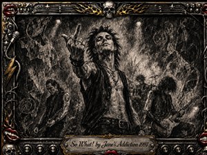 A defiant rock frontman dominates a smoky concert stage, thrusting one hand toward the viewer as shadowy bandmates perform behind him. Deep feathered charcoal textures create a gritty, rebellious atmosphere, accented by muted gold and vivid red. An ornate metallic frame of skulls, flames, lips, cables, and studs surrounds the scene.