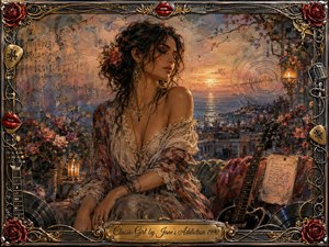 A graceful dark-haired woman sits on a flower-filled terrace overlooking a glowing seaside sunset, surrounded by guitars, handwritten notes, roses, and warm lantern light. Rich creams, dusty pinks, golds, and deep blues create a romantic, introspective mood. Ornate chrome-and-gold framing, red lips, musical motifs, and vintage rock details complete the painterly composition.