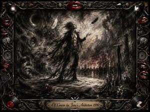 A solitary, windswept figure stands on a shadowy circular stage amid swirling feathers, smoke, candles, and ghostlike forms. Deep charcoal blacks and silvery grays dominate, accented by muted crimson and metallic gold. Dramatic directional light creates a theatrical, surreal mood, framed by ornate musical hardware, red lips, records, cables, and filigree.