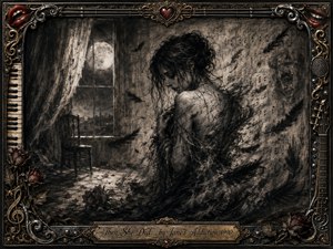 A solitary woman dissolves into drifting black feathers inside a moonlit, decaying room, surrounded by wilted roses, musical notation, and shadowy memories. Deep charcoal textures, smoky grays, and silvery highlights create a mournful gothic atmosphere, framed by ornate metalwork, piano keys, guitar details, red lips, and an engraved title plate.