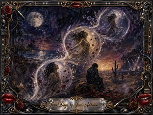 A mystical twilight landscape unfolds around three ethereal women drifting through luminous feathered bubbles in an elegant S-curve, while a solitary figure watches from a desert shoreline. Deep indigo, violet, crimson, silver, and gold create a hypnotic mood, framed by ornate chrome, roses, red lips, musical hardware, and glowing atmospheric details.