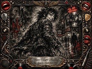 A mischievous, leather-clad figure twists through a shadowy city street, grinning as watchful eyes emerge from smoky charcoal textures. Deep blacks, silvery grays, vivid red accents, and gold highlights create a rebellious noir mood. Ornate rock-and-roll framing, neon signs, records, cables, and metallic details intensify the chaotic energy.
