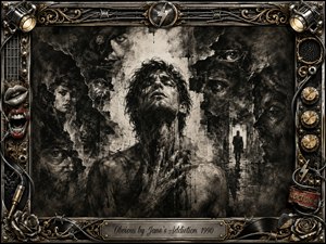 A tormented figure rises from a fractured charcoal world of shadowed faces and watchful eyes, suggesting revelation, pressure, and exposed truth. Deep blacks, smoky grays, and pale highlights create stark theatrical tension. An ornate chrome-and-gold rock frame, detailed with cables, knobs, roses, lips, and lightning, intensifies the surreal mood.