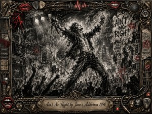 A defiant rock singer commands a chaotic urban stage, arms raised above a surging crowd beneath harsh spotlights and smoky haze. Deep charcoal textures, silvery grays, and flashes of crimson create a raw, rebellious mood, while graffiti, speakers, cables, red lips, chains, and ornate metallic framing intensify the gritty concert-poster aesthetic.