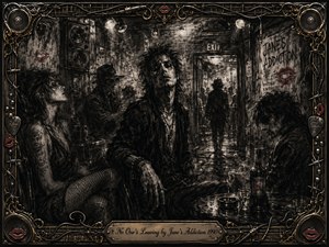 A brooding charcoal club scene captures restless figures lingering beneath harsh stage lights, with a haunted central man framed by smoky companions, scattered drinks, and a glowing exit. Deep blacks, dusty grays, muted red lips, and antique gold accents create tense intimacy, while ornate musical hardware forms a richly detailed rock-inspired border.