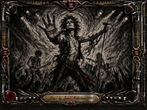 A wild-haired singer dominates a smoky rock stage, thrusting a STOP! palm toward the viewer while gripping a microphone. Deep charcoal textures, black shadows, silver highlights, and restrained crimson accents create urgent intensity. Guitarist, drummer, and crowd silhouettes surround him, framed by ornate chrome, gold inlay, red lips, cables, and musical hardware.