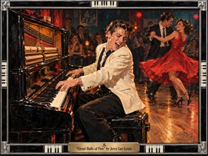 An exuberant pianist in a cream jacket pounds an upright piano as dancers whirl through a lively 1950s nightclub. Thick, expressive brushwork captures scarlet fabric, glossy ebony, and amber reflections against deep teal shadows. A chrome and black lacquer frame with piano key inlays surrounds the scene, completed by an engraved brass title plate.