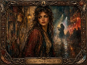 An enigmatic young woman dominates a rain-slicked night alley, her sideways gaze conveying defiance and mystery. Warm amber lanterns, smoky reds, teal shadows, and misty stage lights surround a distant flautist. Expressive oil-and-watercolor textures enrich the bohemian scene, framed by ornate gold filigree, guitar strings, picks, feathers, and an engraved title plate.
