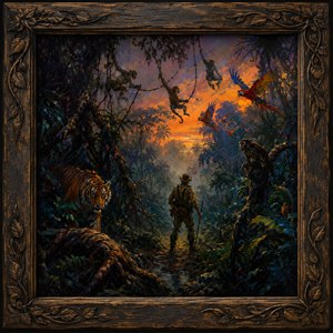 At sunset, a lone explorer stands beneath swinging monkeys and brilliantly colored parrots as a tiger emerges from the shadowed jungle. Fiery orange light cuts through deep blue foliage, transforming confusion into adventure. The carved wooden frame reinforces the paintings timeless, storybook character and rich wilderness atmosphere with dramatic elegance.