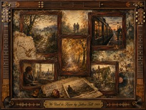 A nostalgic rosewood-framed collage blends autumn paths, a fading railway platform, distant figures, an old cottage, handwritten music, and weathered photographs. Warm amber, sepia, olive, and dusky gray tones glow beneath soft twilight lighting. Painterly oil, acrylic, and watercolor textures create a reflective mood of memory, distance, and quiet loss.