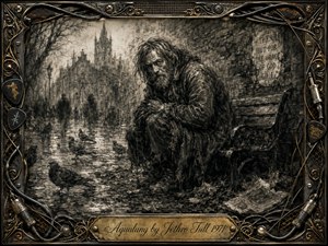A weathered, bearded man crouches beside a park bench on a bleak city street, surrounded by pigeons, fallen leaves, and shadowy passersby. Deep charcoal blacks, smoky grays, and sepia highlights create a cold, somber mood. An ornate industrial frame of cables, metalwork, and guitar picks surrounds the richly textured scene.
